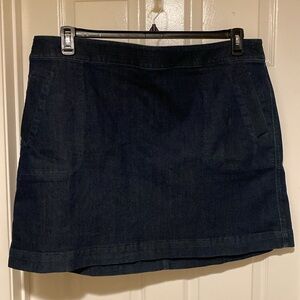 Women’s Plus A-Line Denim Mini Skirt, Dark Wash, visible gold zipper in back.